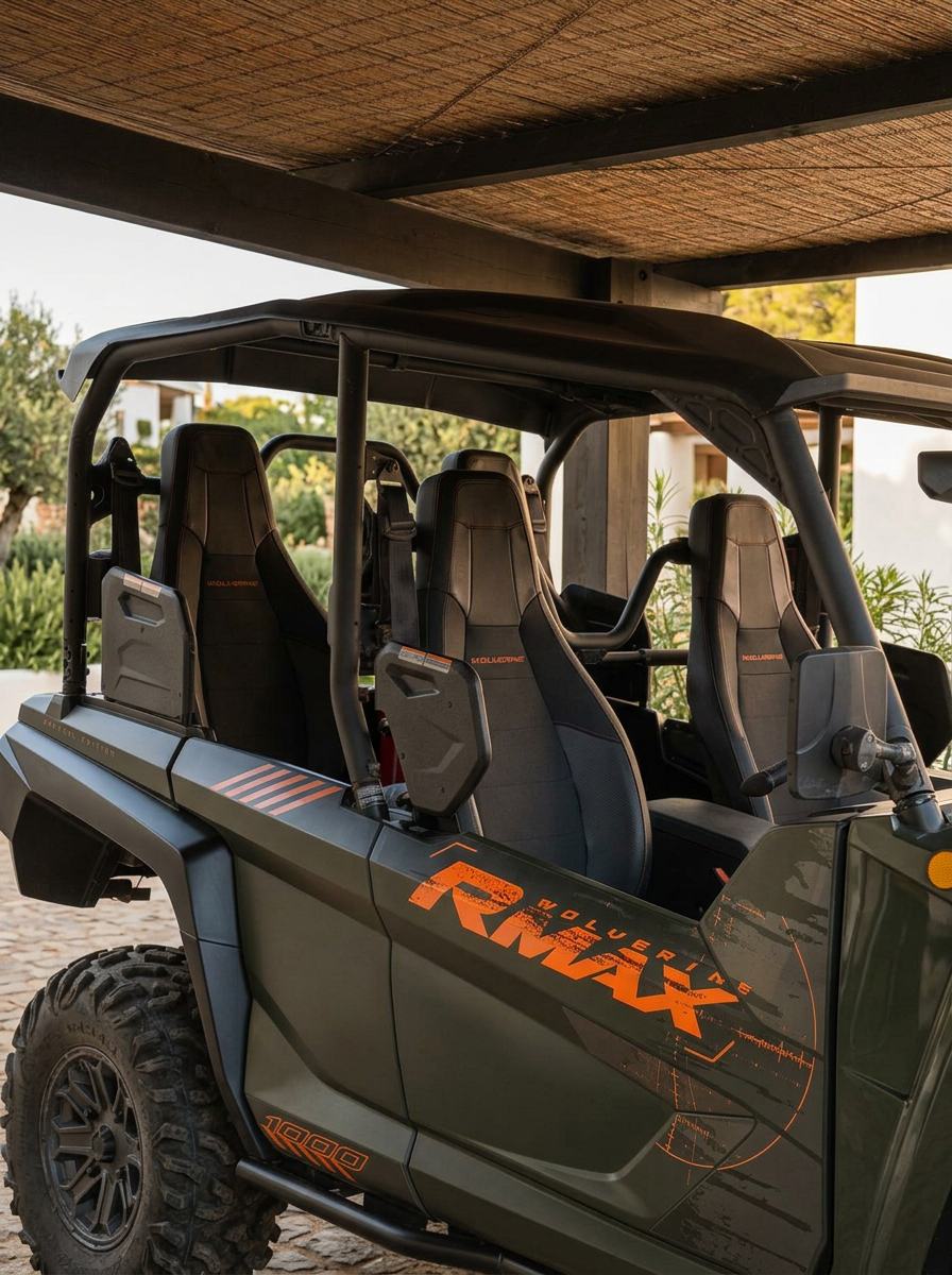 Side view of the black and orange Yamaha Wolverine buggy with two rows of seats beneath the villa carport