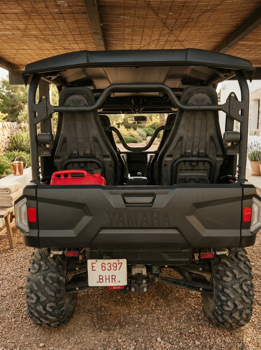 Rear view of the guest buggy showing its two seating rows, roll cage and compact cargo area