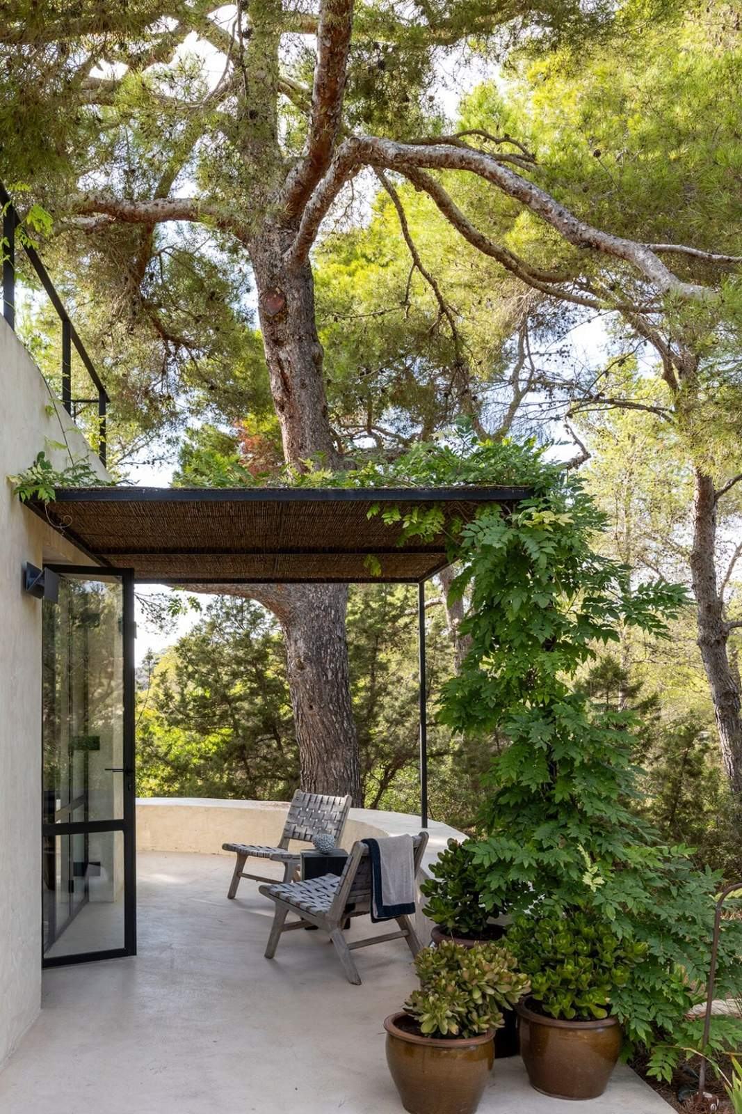 Private guest bedroom terrace among pines