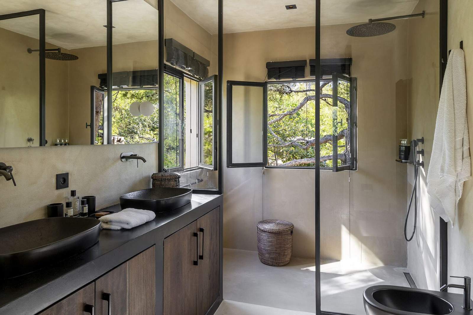 Twin basalt basins and walk-in shower