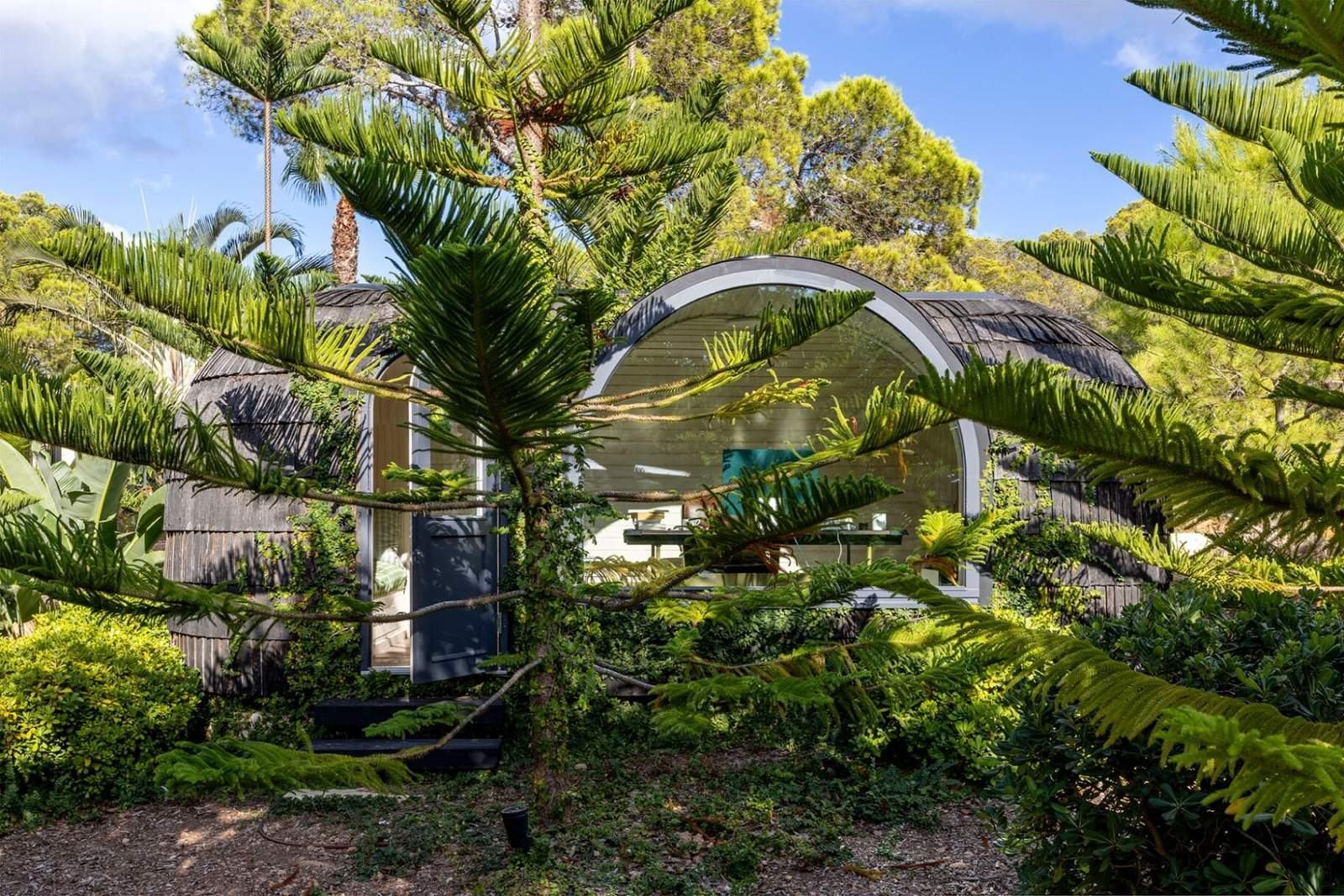 Front view of the shingled igloo office with arched window and door framed by ferns and pines