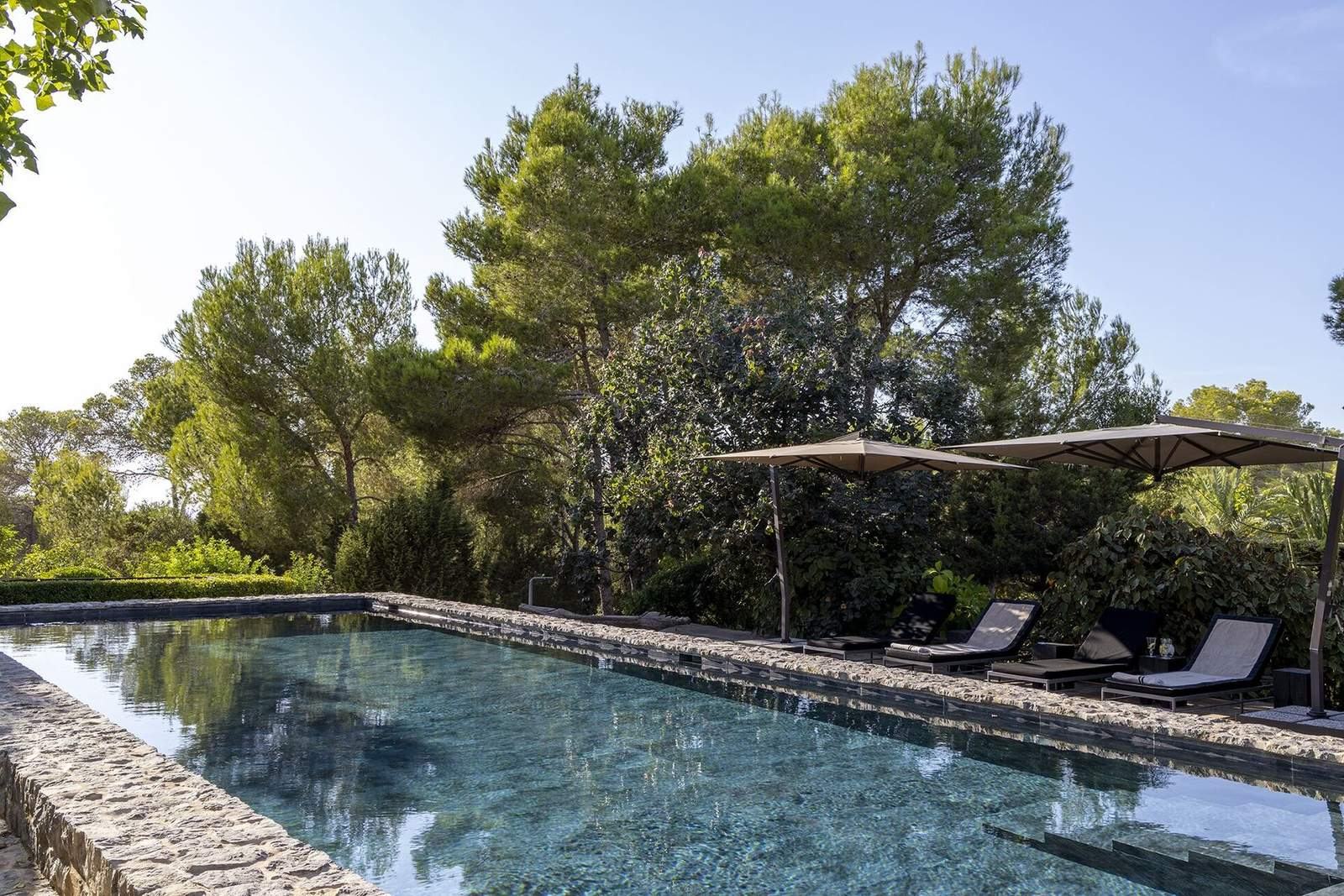 Pool loungers under twin parasols beside the long stone-edged pool