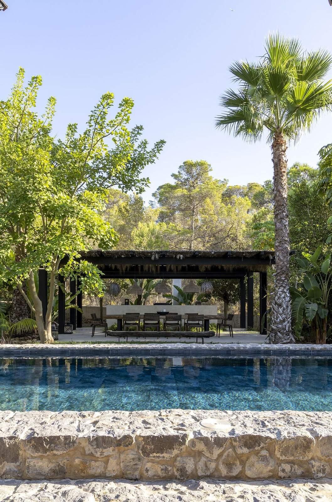 Stone-edged pool with the thatched pavilion and tall palm beyond